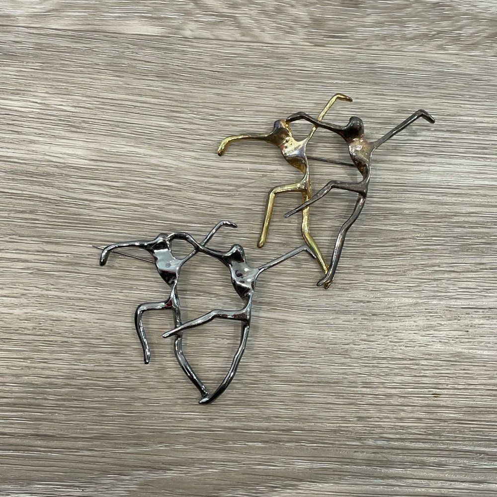 Modernist Dance Brooch, Polish Gold Silver Modernist Dancers Pin